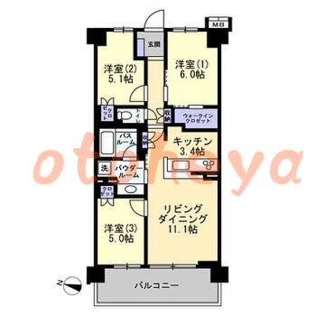 楽器可の賃貸物件 3 LDK 16万円の図面１