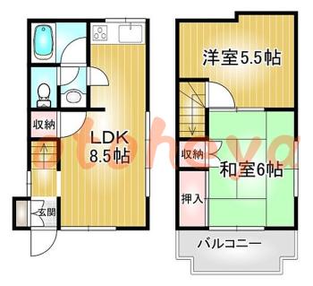 楽器可の賃貸物件 2 LDK 11.8万円の図面１
