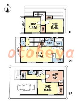 楽器可の賃貸物件 3 SLDK 22万円の図面１