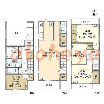 グランドピアノ可の賃貸物件 3SLDK 24.9万円の図面１