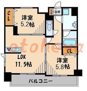 楽器可の賃貸物件 2 LDK 17.7万円の図面１