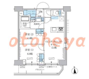 グランドピアノ可の賃貸物件 2 LDK 25.7万円の図面１