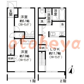 楽器可の賃貸物件 2 LDK 22.7万円の図面１