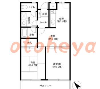 グランドピアノ可の賃貸物件 2 DK 10.8万円の図面１