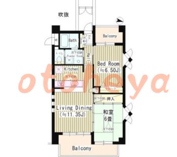 楽器可の賃貸物件 2 LDK 16.2万円の図面１