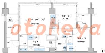 防音室のある楽器可 賃貸物件 2 LDK 24万円の図面１
