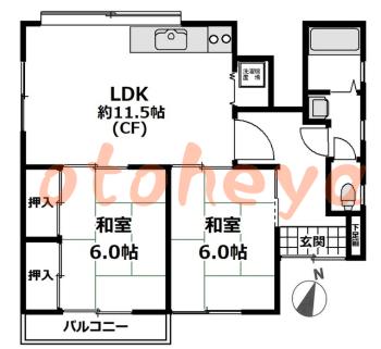 グランドピアノ可の賃貸物件 2 LDK 8.3万円の図面１