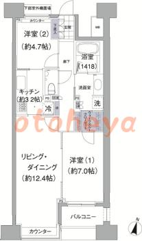 グランドピアノ可の賃貸物件 2 LDK 33.8万円の図面１