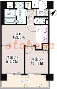 楽器可の賃貸物件 2 DK 12.9万円の図面１