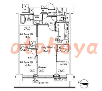 防音室のある楽器可 賃貸物件 3 LDK 22.4万円の図面１