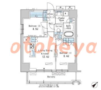 楽器可の賃貸物件 2 LDK 21.8万円の図面１