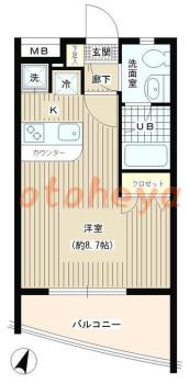 防音室のある楽器可 賃貸物件 1 K 8.6万円の図面１