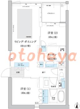 楽器可の賃貸物件 2 LDK 22万円の図面１