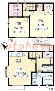楽器可の賃貸物件 2 DK 9.6万円の図面１