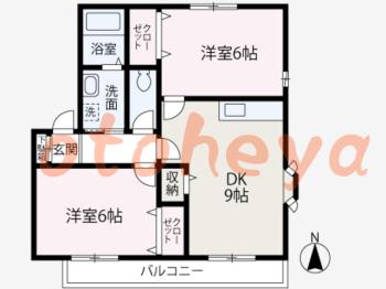 楽器可の賃貸物件 2 DK 9.8万円の図面１
