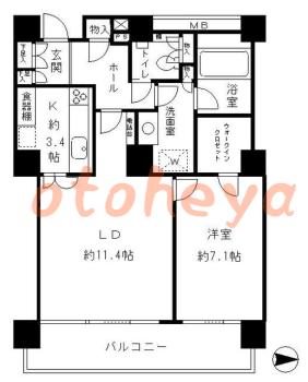 防音室のある楽器可 賃貸物件 1 LDK 23.4万円の図面１