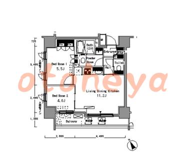 楽器可の賃貸物件 2 LDK 21.5万円の図面１