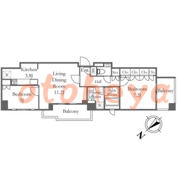 楽器可の賃貸物件 2 LDK 39万円の図面１