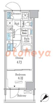 楽器可の賃貸物件 1 DK 11.4万円の図面１