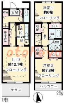 楽器可の賃貸物件 2 LDK 23.6万円の図面１