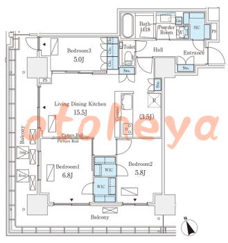 防音室のある楽器可 賃貸物件 3 LDK 42.7万円の図面１