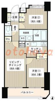 楽器可の賃貸物件 2 LDK 15.2万円の図面１