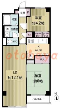 楽器可の賃貸物件 2 LDK 12万円の図面１