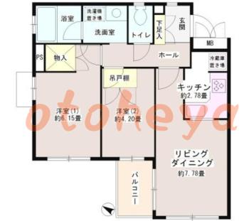 楽器可の賃貸物件 2 LDK 14万円の図面１