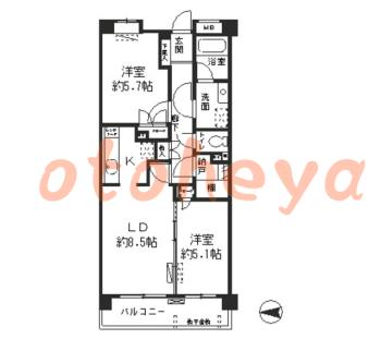 防音室のある楽器可 賃貸物件 2 LDK 16.8万円の図面１