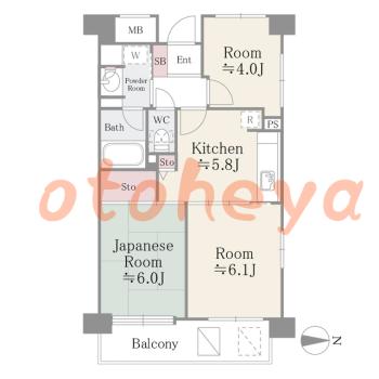 楽器可の賃貸物件 3 K 16.4万円の図面１