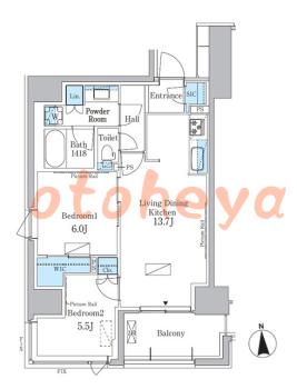 防音室のある楽器可 賃貸物件 2 LDK 32.2万円の図面１