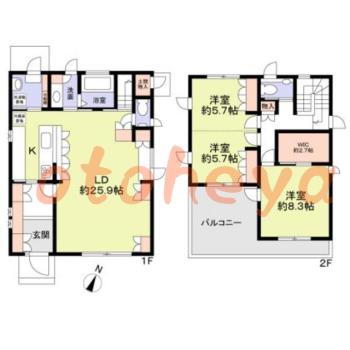 防音室のある楽器可 賃貸物件 2 LDK 32万円の図面１