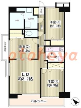 楽器可の賃貸物件 3 DK 21.2万円の図面１