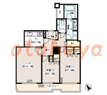 楽器可の賃貸物件 2 LDK 24.2万円の図面１