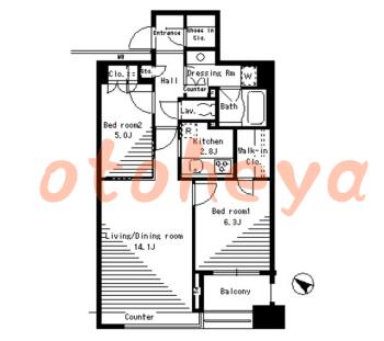 楽器可の賃貸物件 2 LDK 32.1万円の図面１