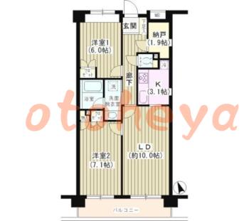 楽器可の賃貸物件 2 LDK 18.2万円の図面１