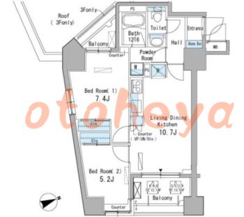 楽器可の賃貸物件 2 DK 22万円の図面１