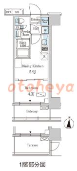 楽器可の賃貸物件 1 DK 11.4万円の図面１