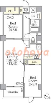 楽器可の賃貸物件 2 LDK 18.4万円の図面１