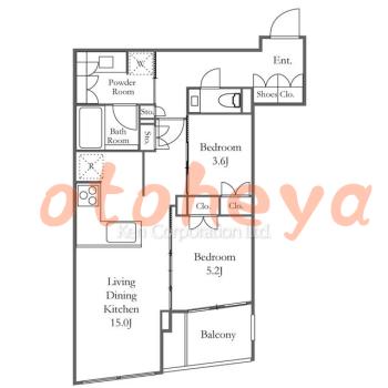 楽器可の賃貸物件 2 LDK 38万円の図面１