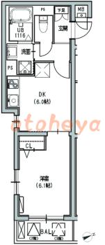 楽器可の賃貸物件 1 DK 11.4万円の図面１