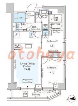 楽器可の賃貸物件 2 LDK 39万円の図面１