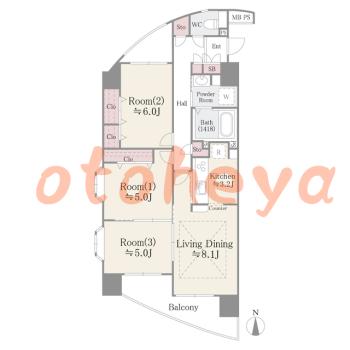楽器可の賃貸物件 3 LDK 21万円の図面１
