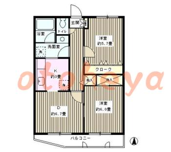 楽器可の賃貸物件 2 DK 11.5万円の図面１