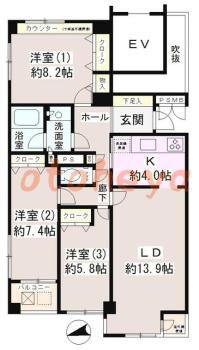 グランドピアノ可の賃貸物件 3 LDK 24万円の図面１