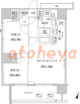 防音室のある楽器可 賃貸物件 2 LDK 26万円の図面１