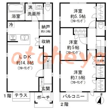 グランドピアノ可の賃貸物件 3 SLDK 37万円の図面１